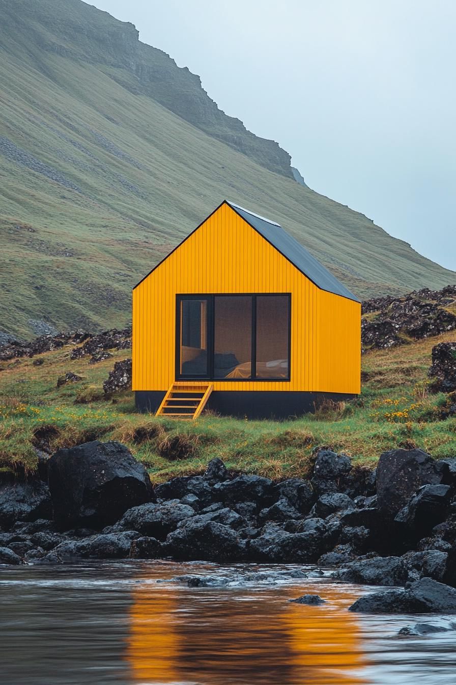 Yellow cabin with large window near rocky terrain and water