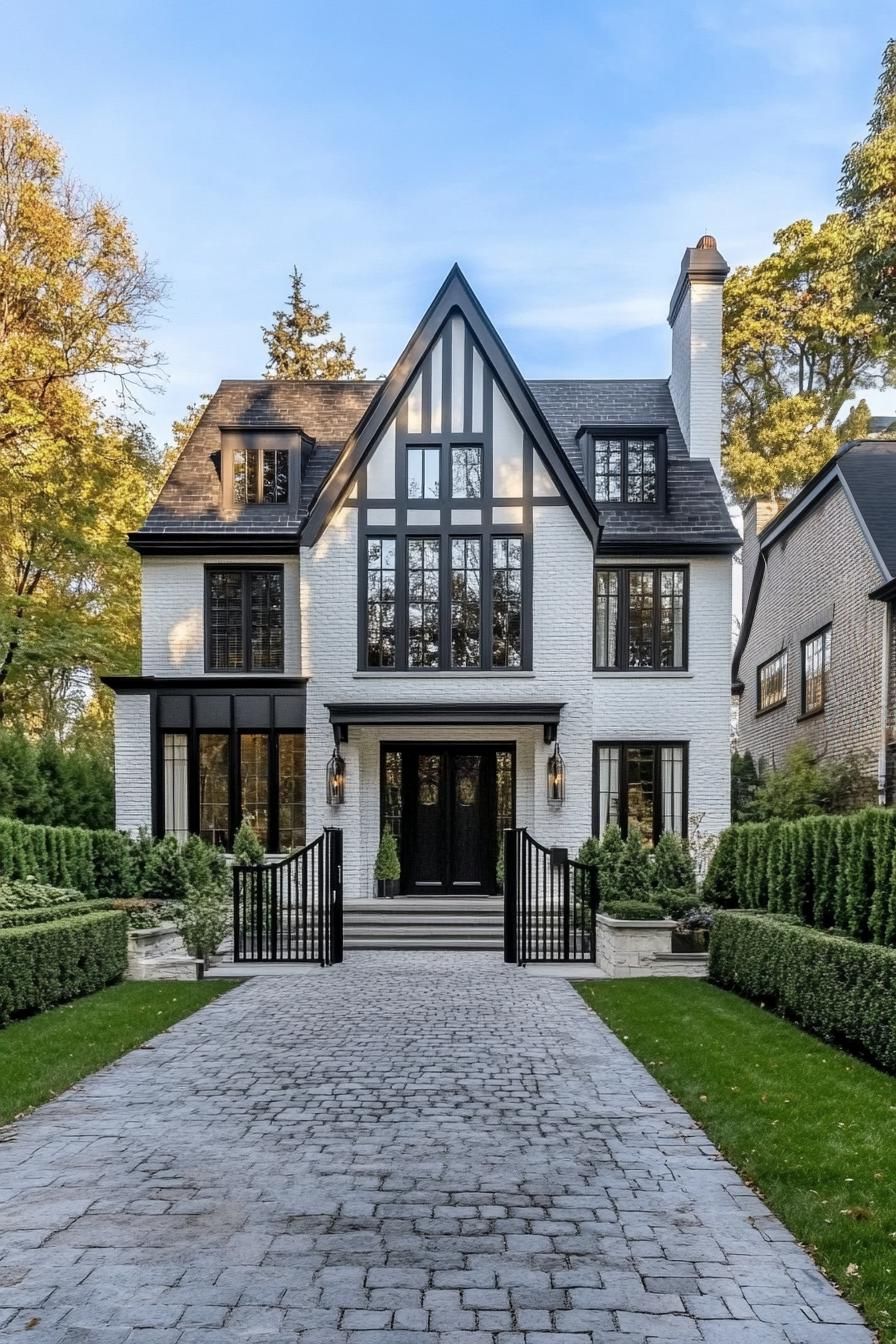 A modern Tudor house with a black and white facade