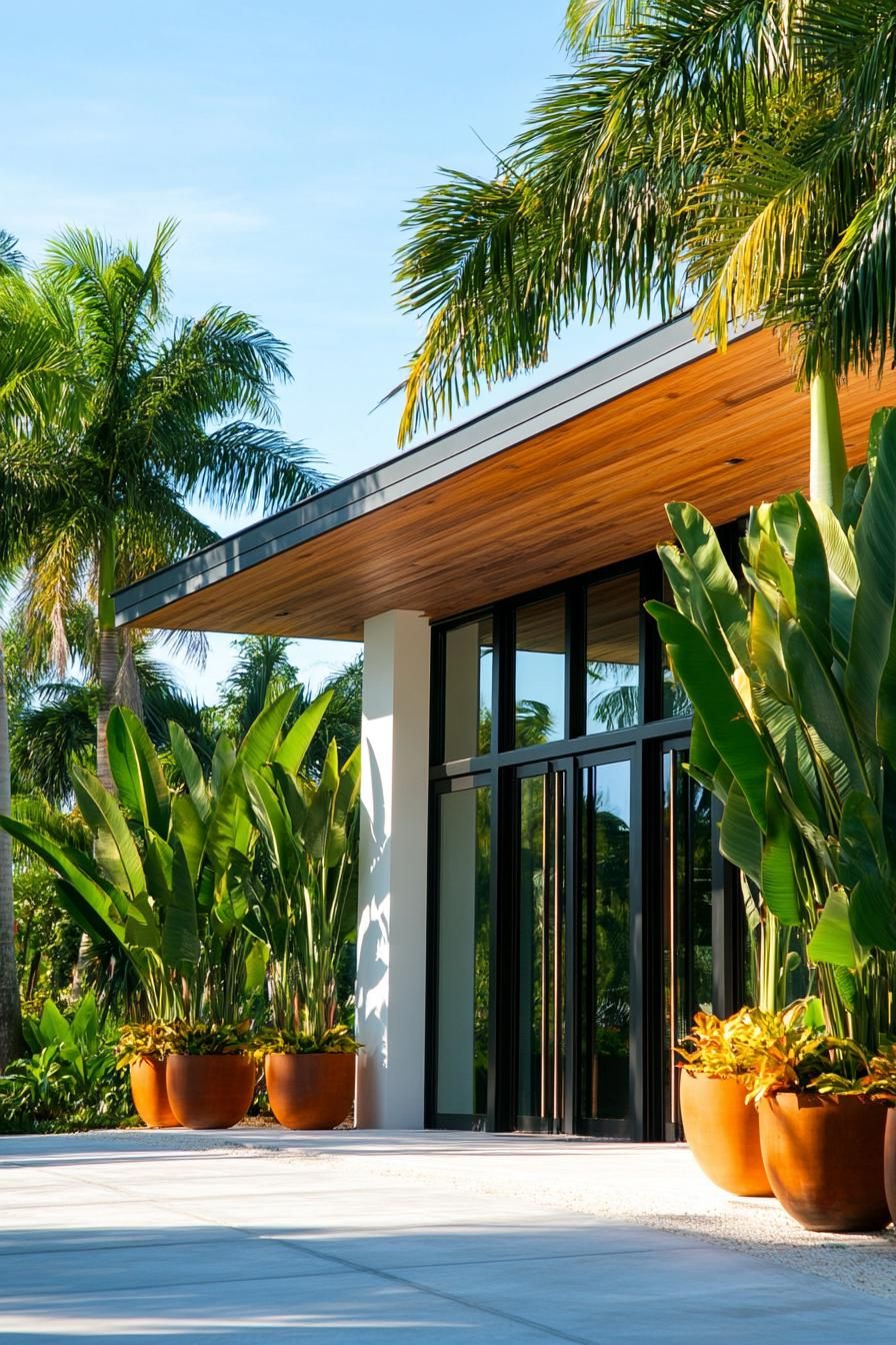 Modern minimalist house with tropical plants in foreground