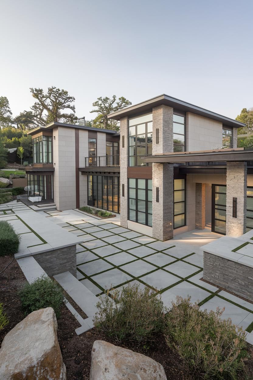 Modern house with large windows and stone facade