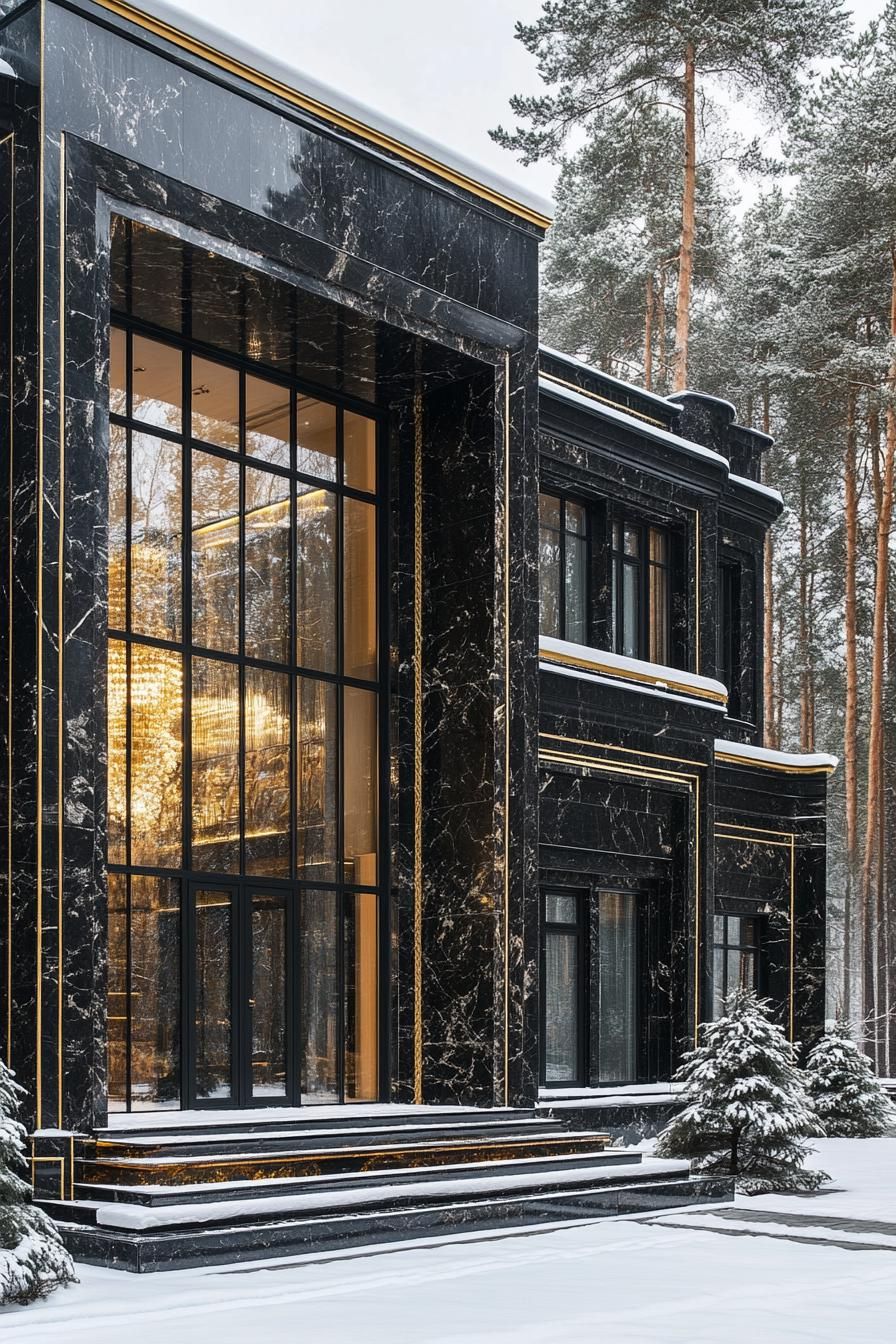 Sleek black marble house amidst snowy woods