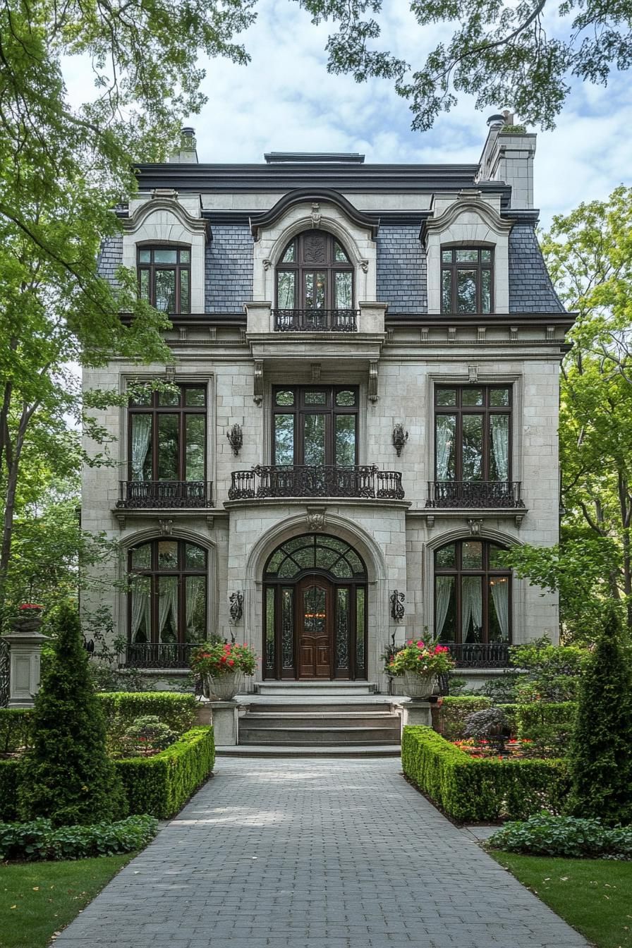 Elegant mansion with intricate details and a manicured garden