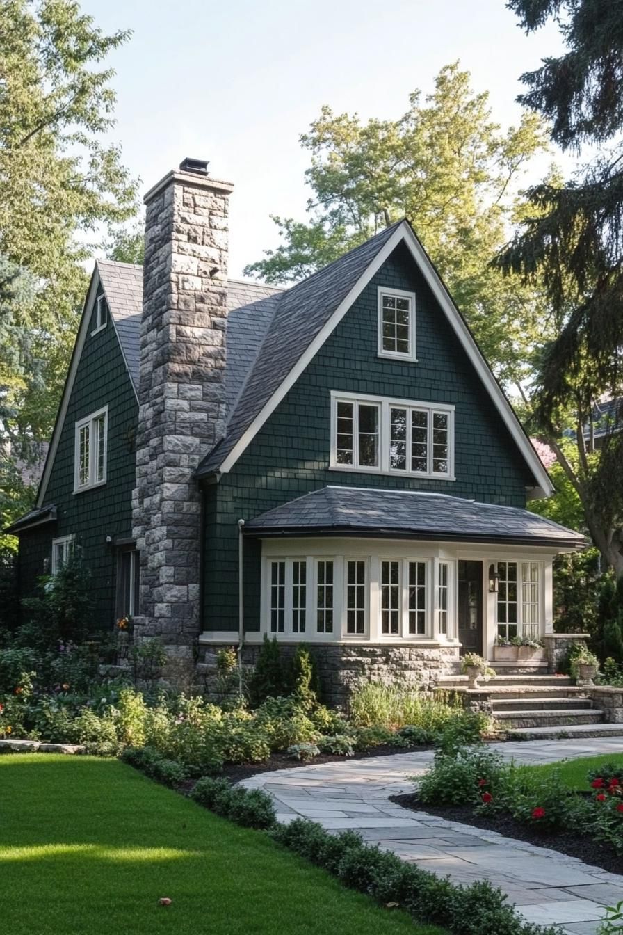 modern cottage with forest green clapboard siding stone foundation stone grey multi pitched roof chimney white large windows with mouldings 1