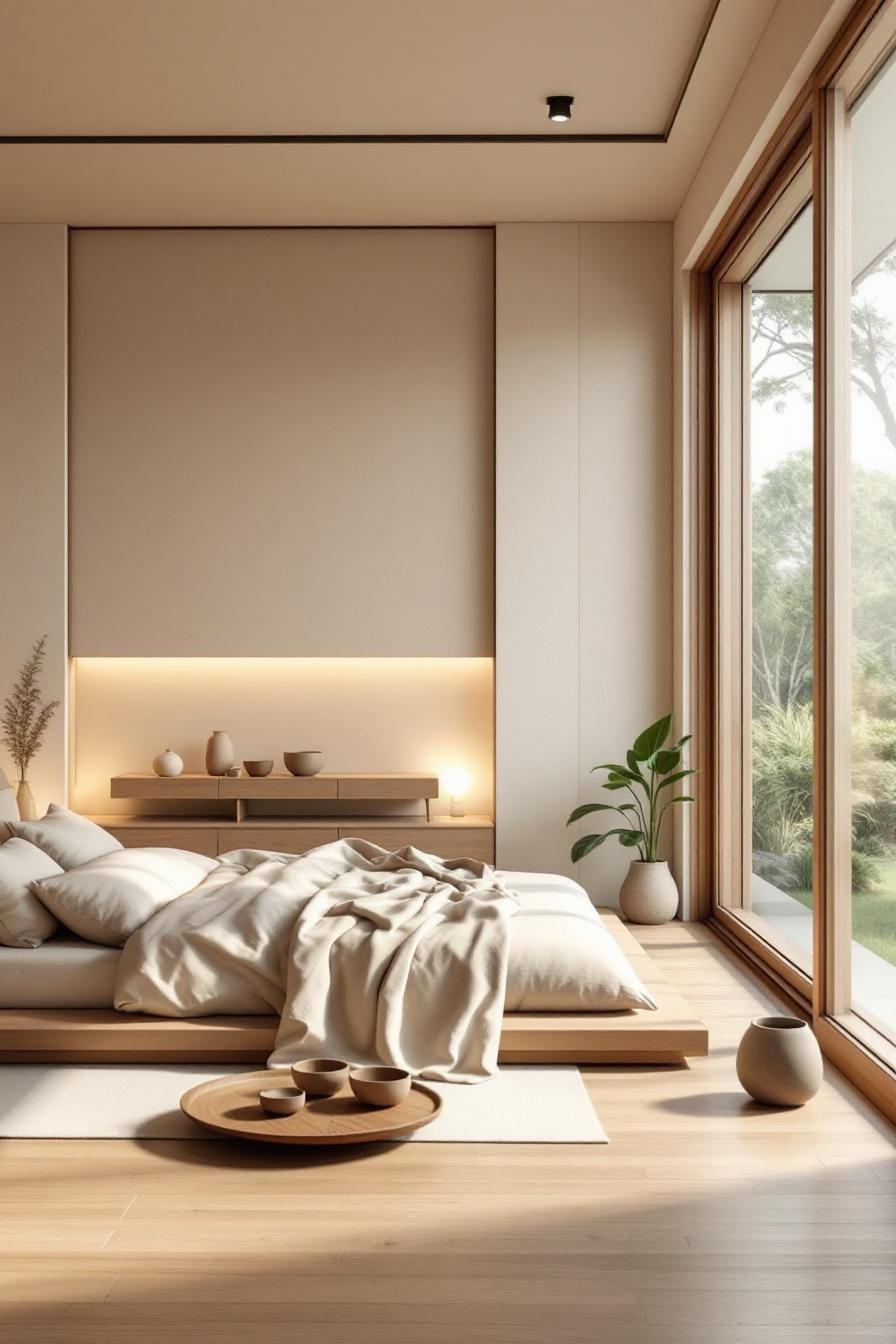 Japandi-style bedroom with a large window and minimal decor