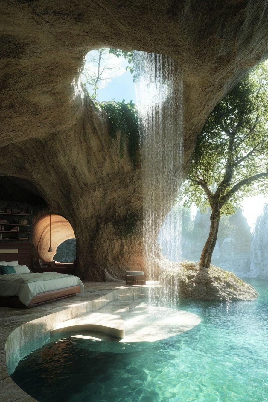 A Cave Home With a Waterfall