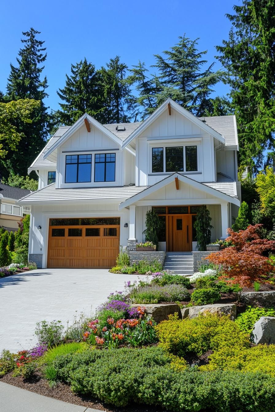 White house with wooden accents and abundant greenery