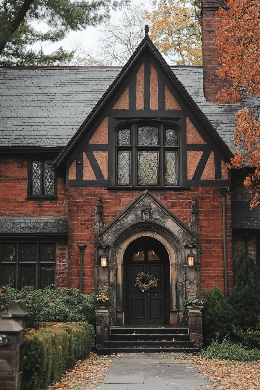 Brick house with arched door and triangular gable