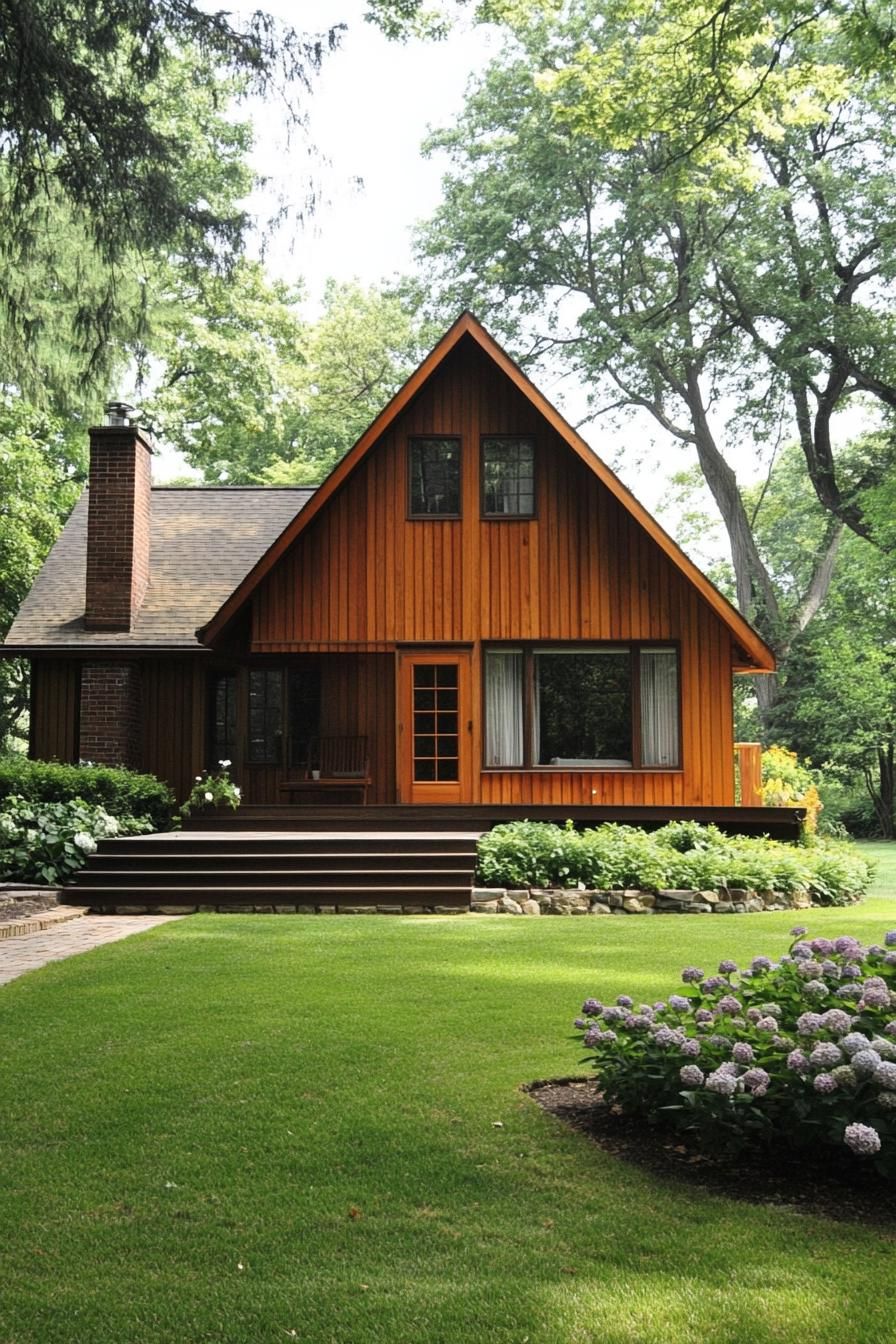 Wooden house nestled among lush greenery