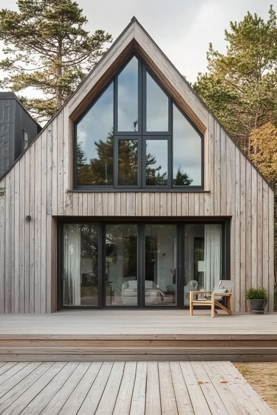 modern house with reclaimed timber cladding light grey wood decks large modern windows and glass doors with black trim a frame roof porch with 3