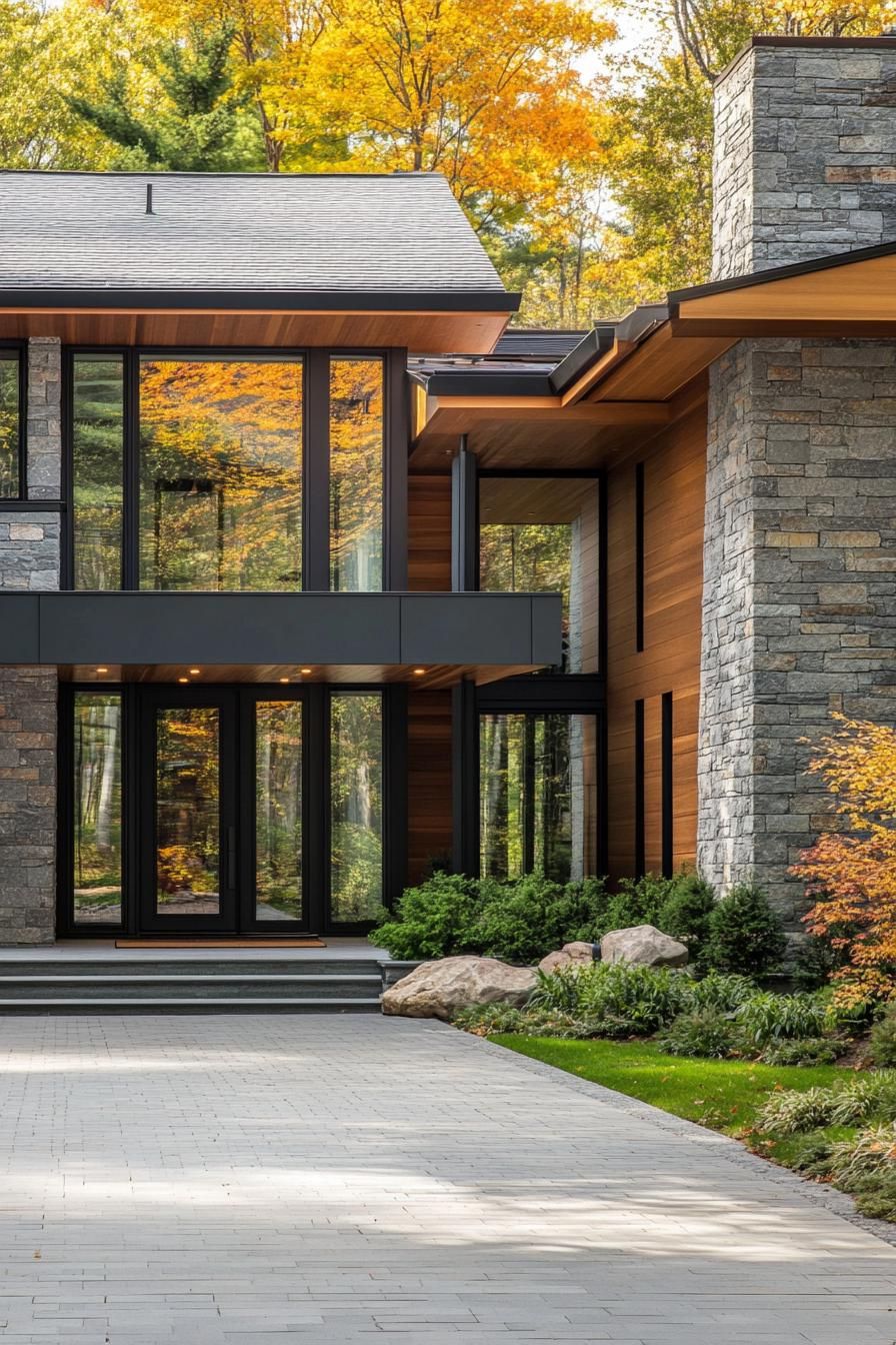 modern villa design with grey granite siding eaves with wooden siding and LED trim tall glass atrium at the front tall black front door paved 3