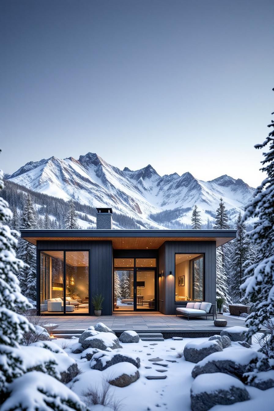 Modern cabin in a snowy mountain landscape