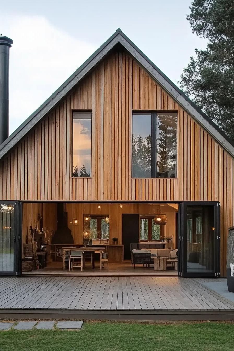 Wood-paneled barn house with open doors