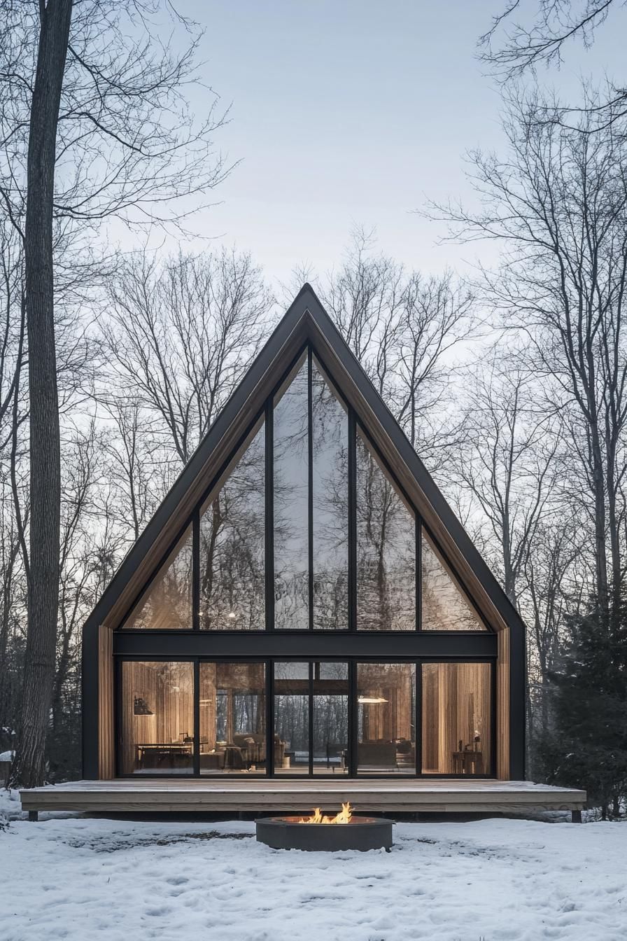 Sleek A-frame cabin with glass facade and snow around