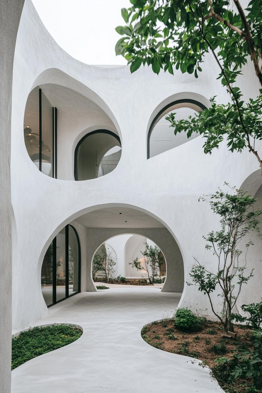 minimalist refined aesthetic courtyard architecture white concrete arches curved ceiling openings arched glass doors visible at far end concrete 1