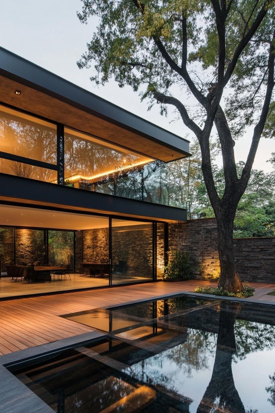 Modern house with large glass windows overlooking a serene pool