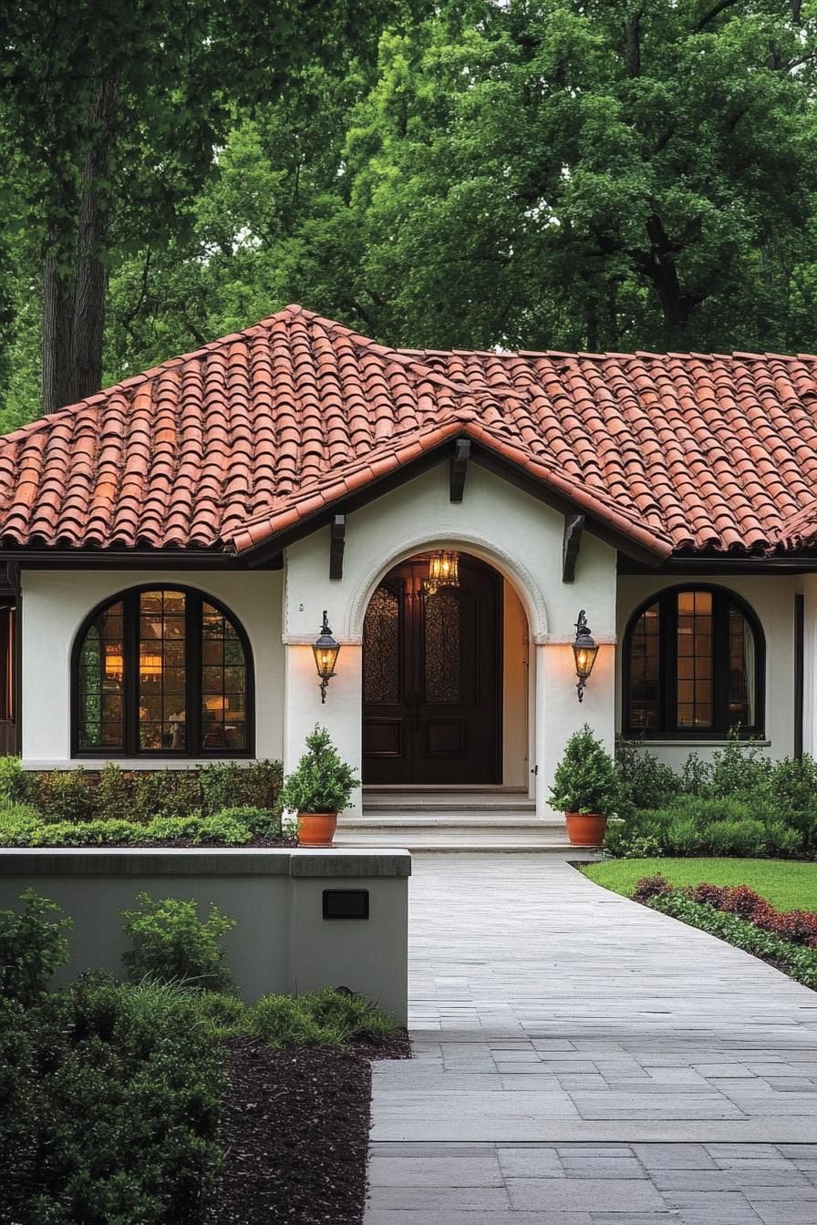 Quaint bungalow with terracotta roof amidst lush greenery