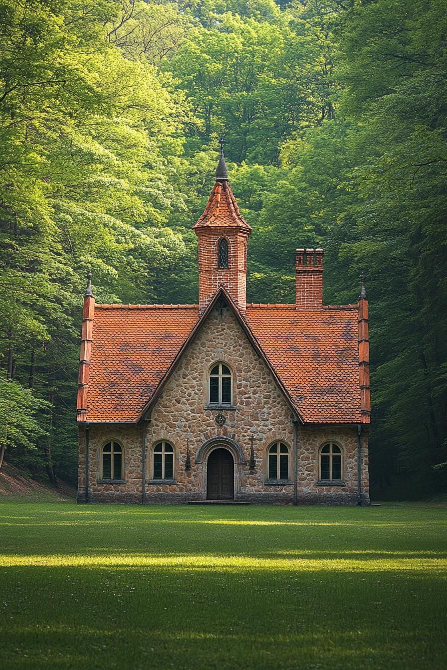 Stone cottage with red roof nestled in lush forest setting