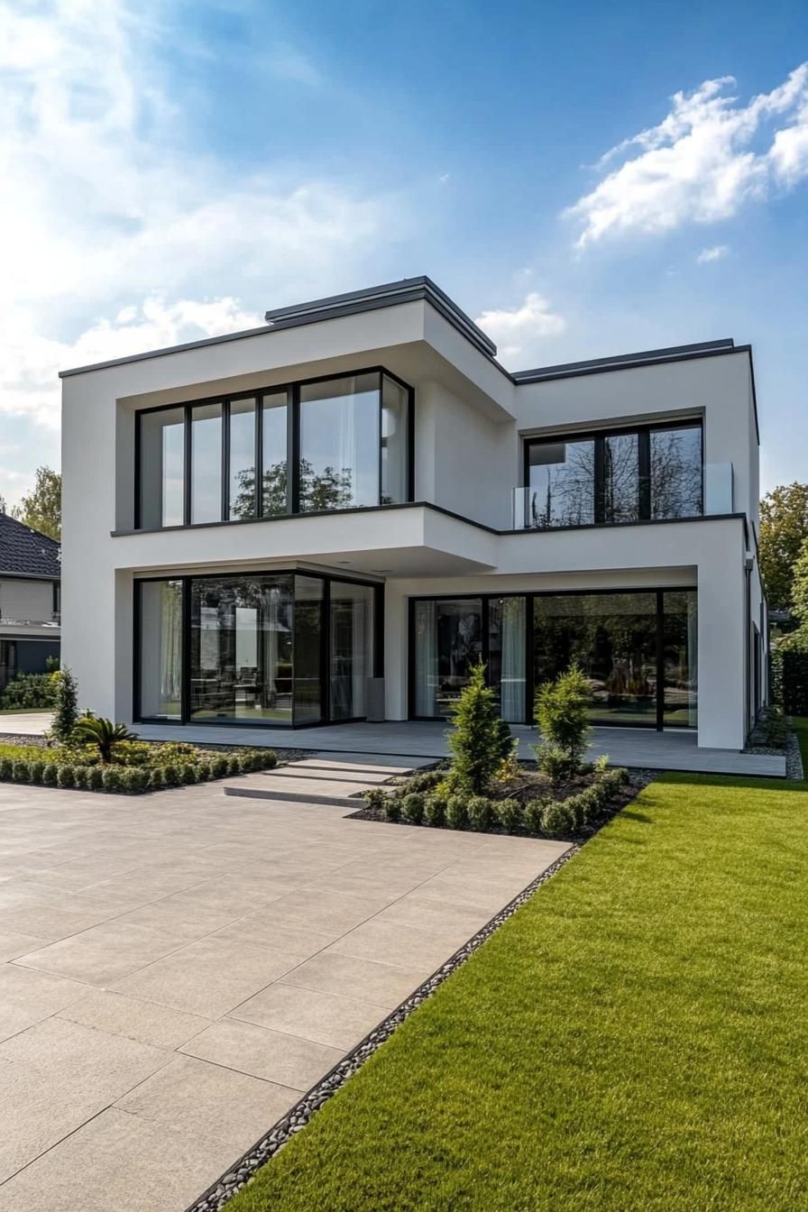 Modern house with large windows and a neat front yard