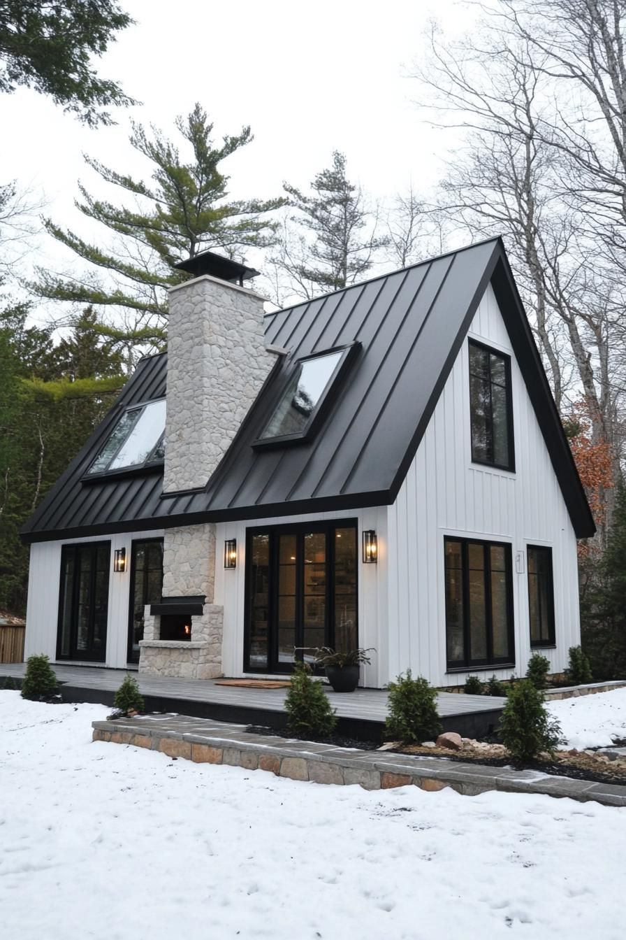 Modern A-frame cabin surrounded by snow with a stone chimney and large windows