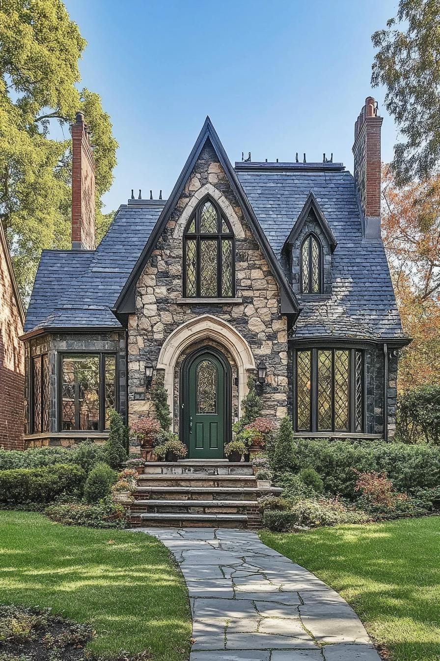 Charming stone cottage with a lush garden and intricate windows