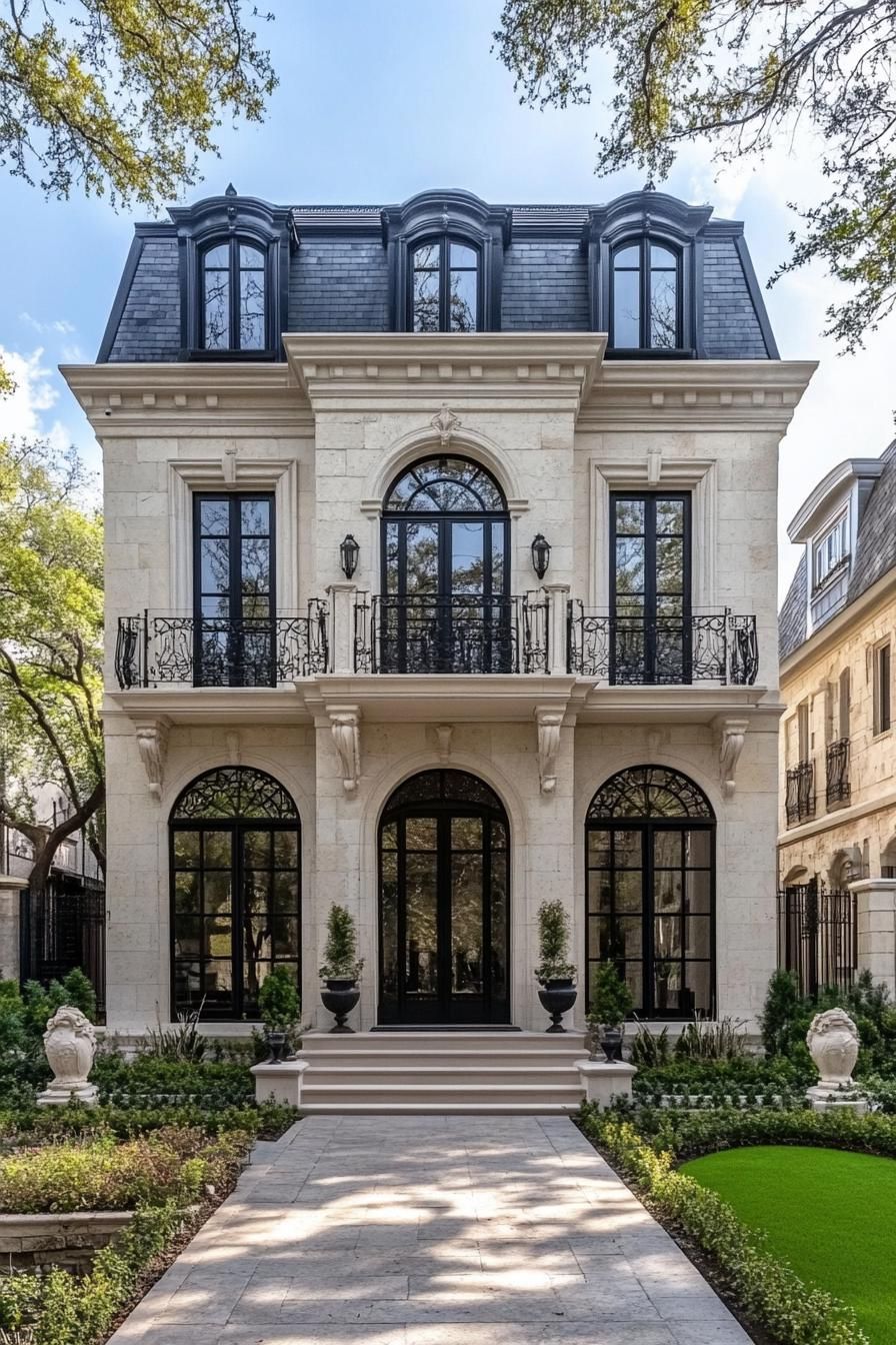 Elegant stone mansion with large windows and a charismatic balcony