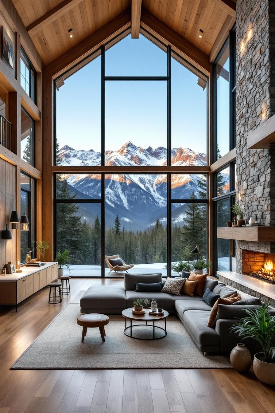 Modern cabin interior with floor-to-ceiling windows and mountain view