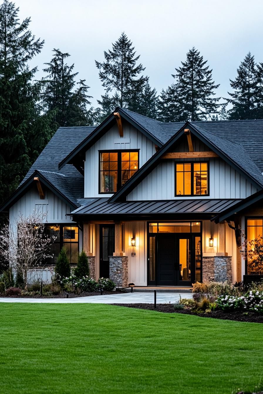 shouse barndominium home with light grey board and batten siding black gable barn roof wraparound covered porch exposed wood beams workshop door 3