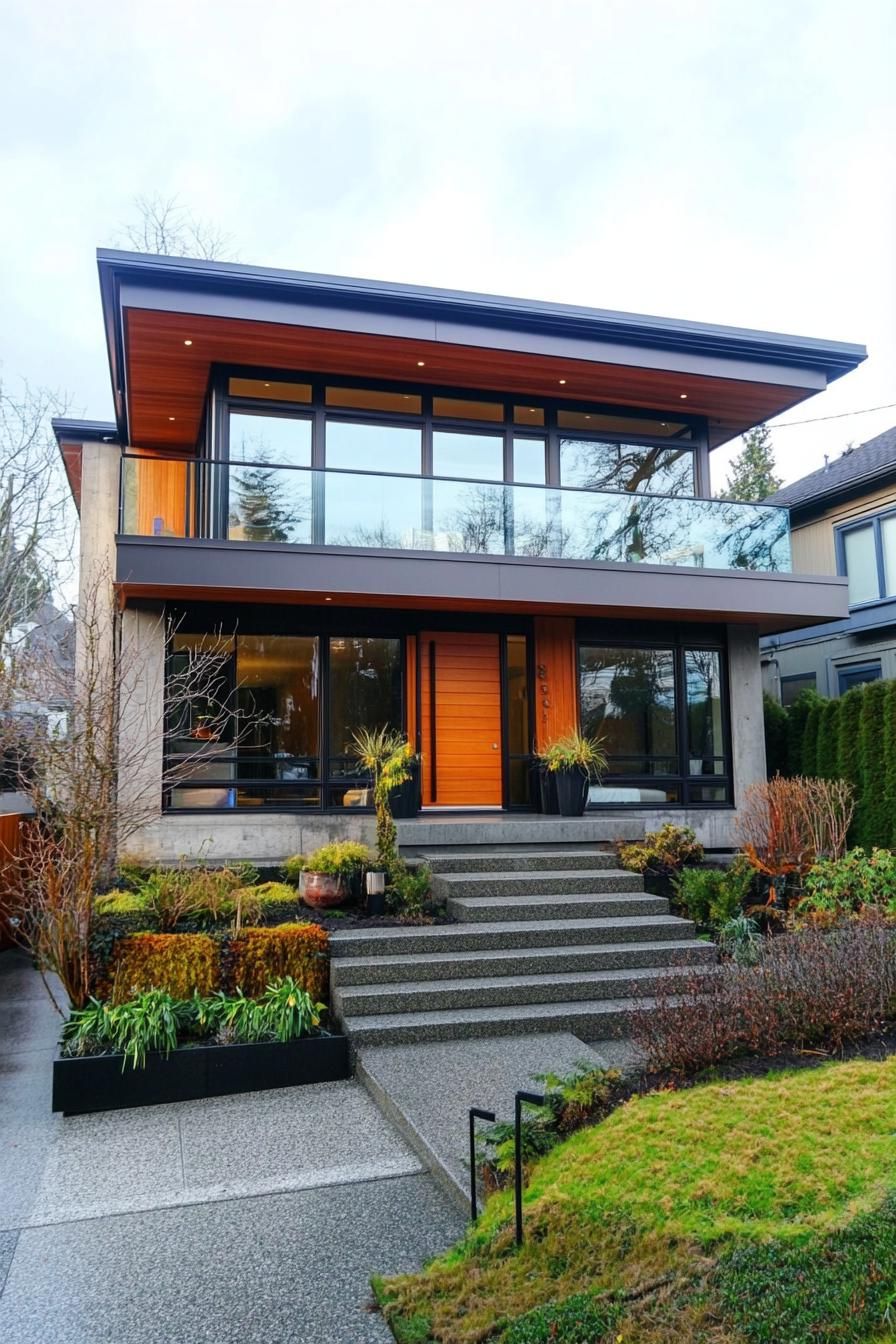 Modern two-story house with large windows and a wooden facade