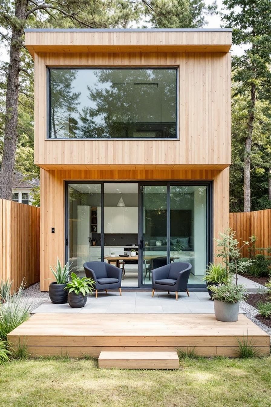 Compact wooden house with large windows, patio, and outdoor seating