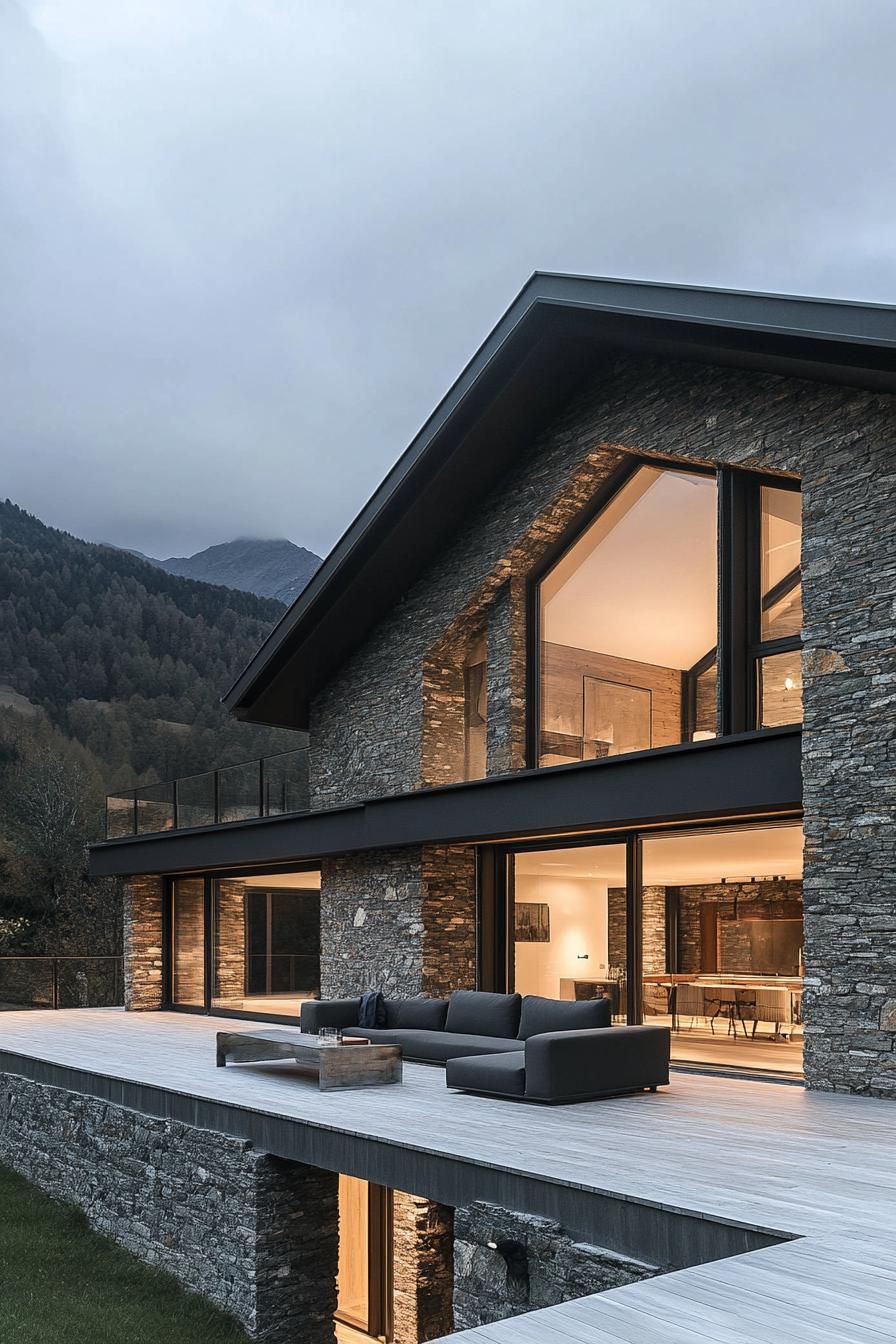 mountain village modern house with stone facade modern windows large porch overlooking mountain village