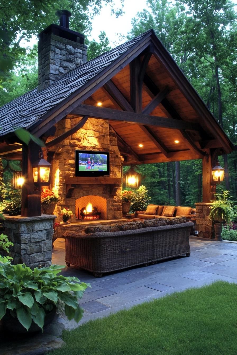 Cozy outdoor patio with a stone fireplace and lush greenery