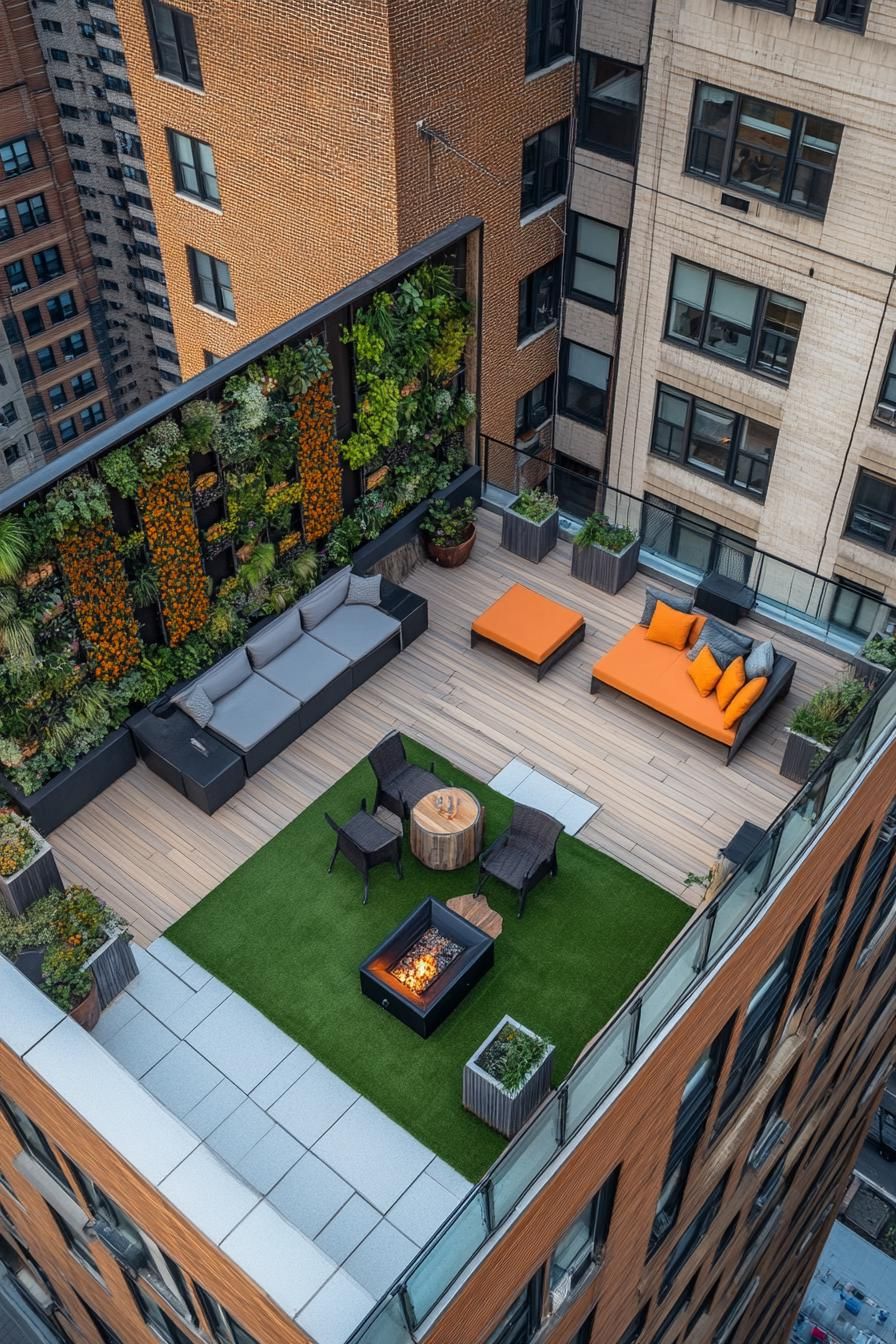 aerial view of a rooftop terrace on a residential building in a big city the terrace has part wooden tile deck part artificial grass planter boxes