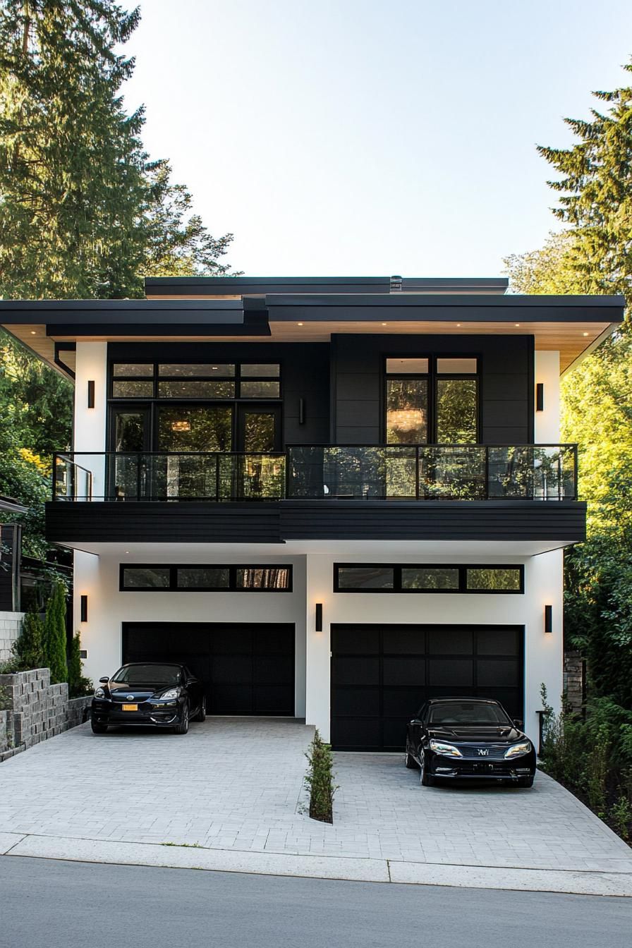 modern blocked black and white house with triple carport rectangular columns large balcony with glass railings large paved front yard