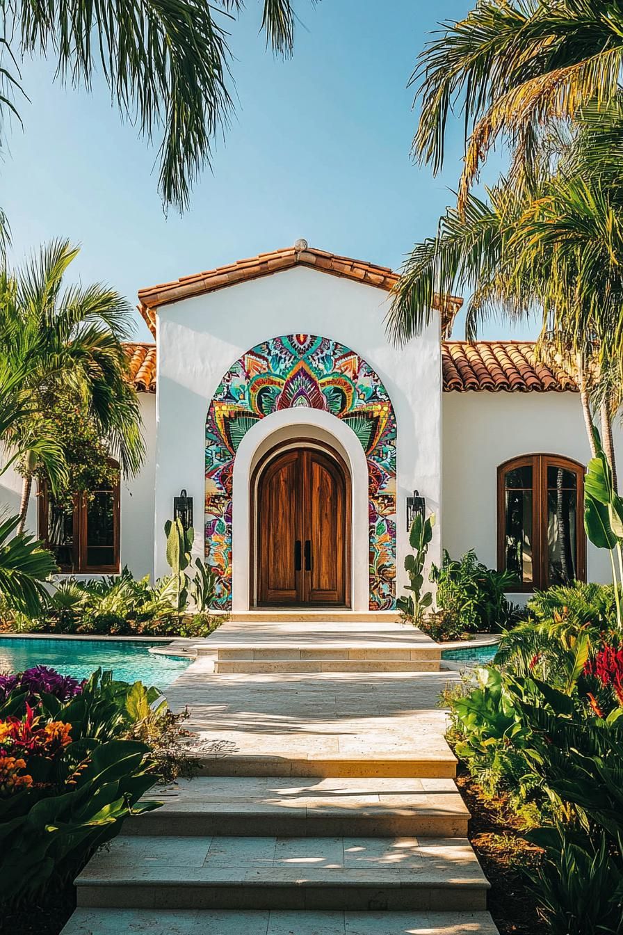 Spanish bungalow with vibrant tiles and lush greenery