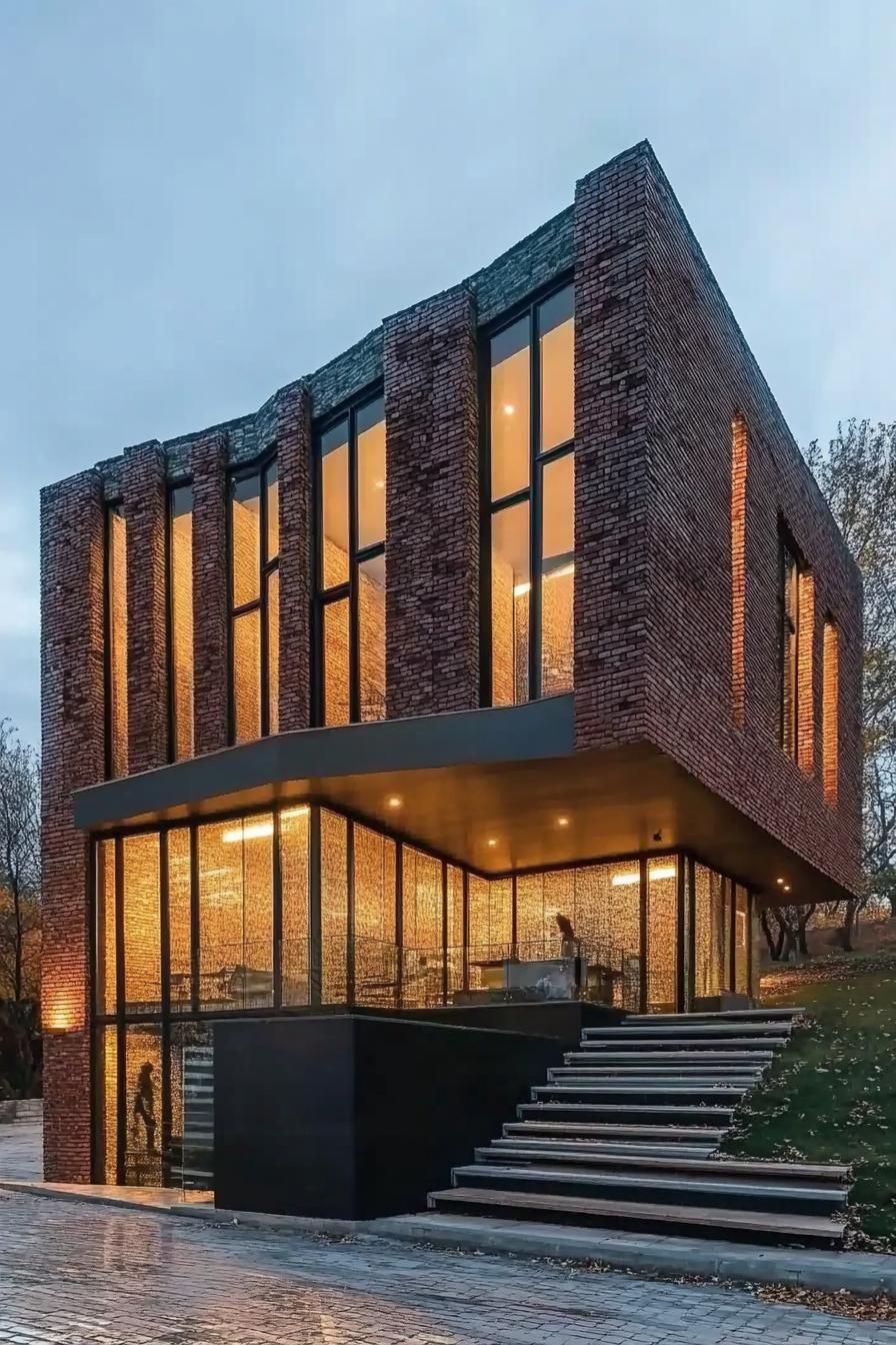 Modern brick house with glowing windows and sleek design