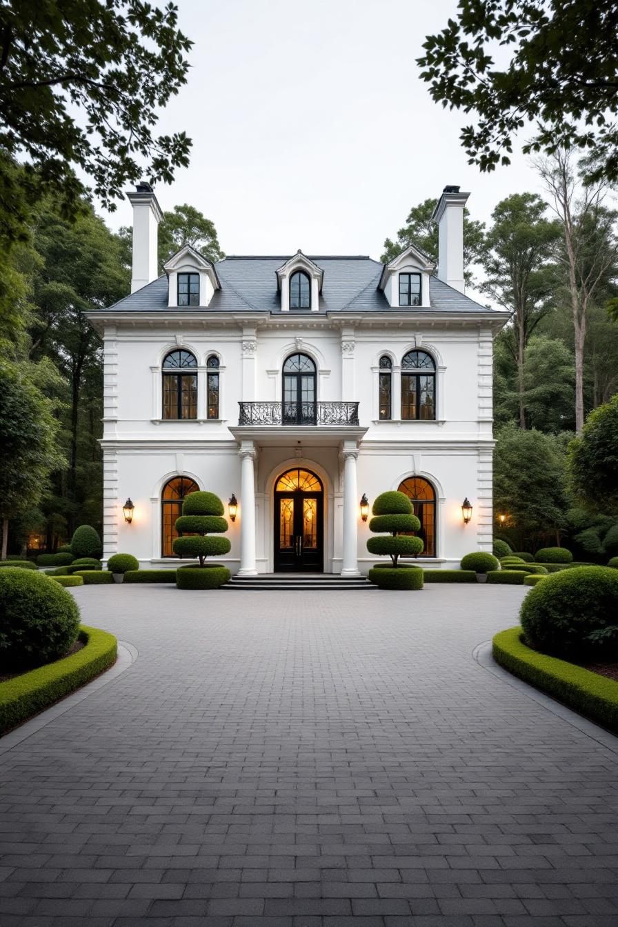 Elegant white mansion with manicured shrubs