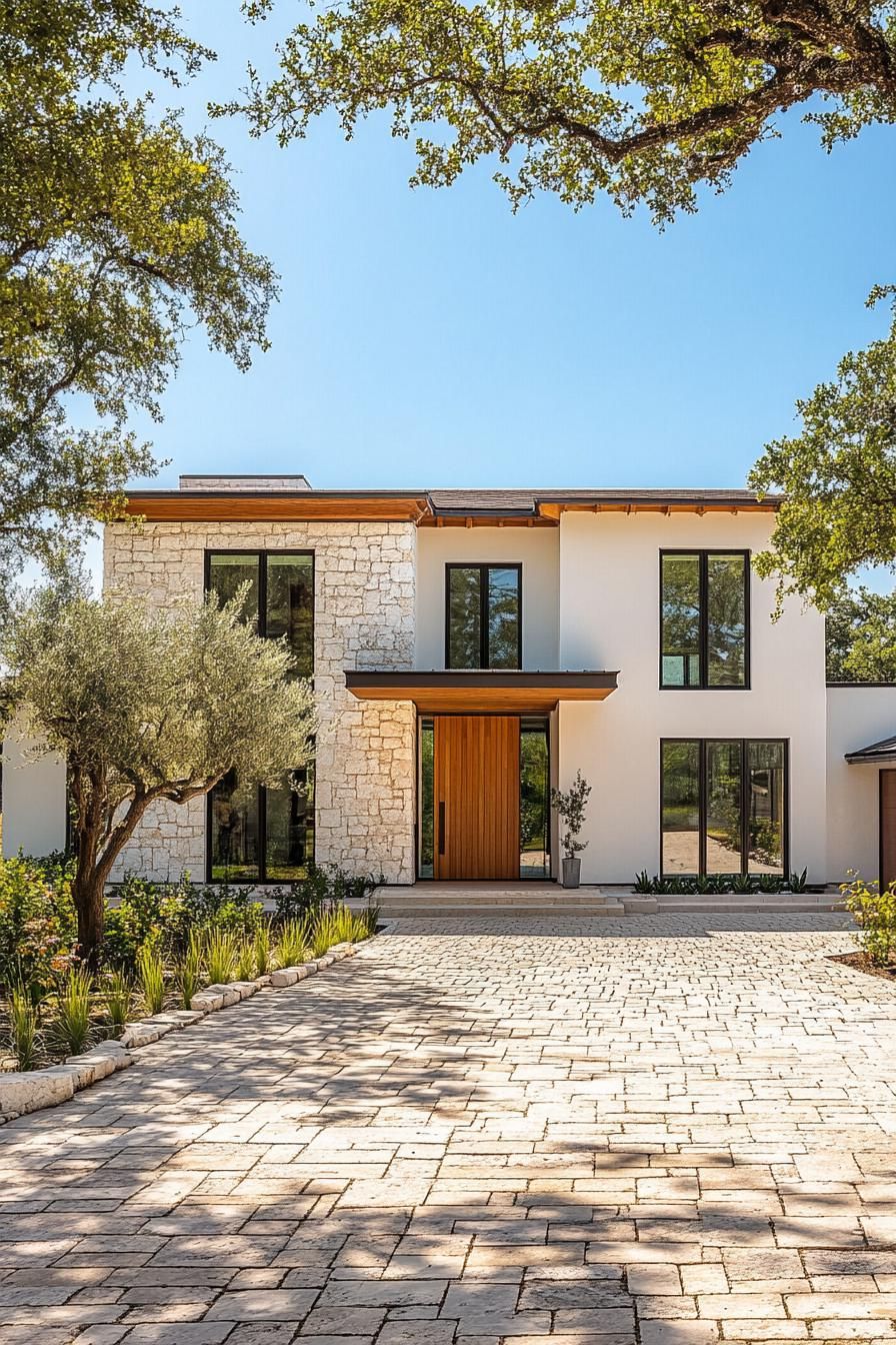 Elegant villa with stone facade and wooden door