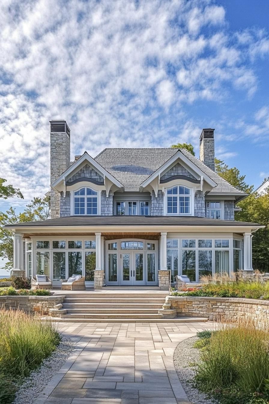 Cozy coastal house with large windows and stone chimneys