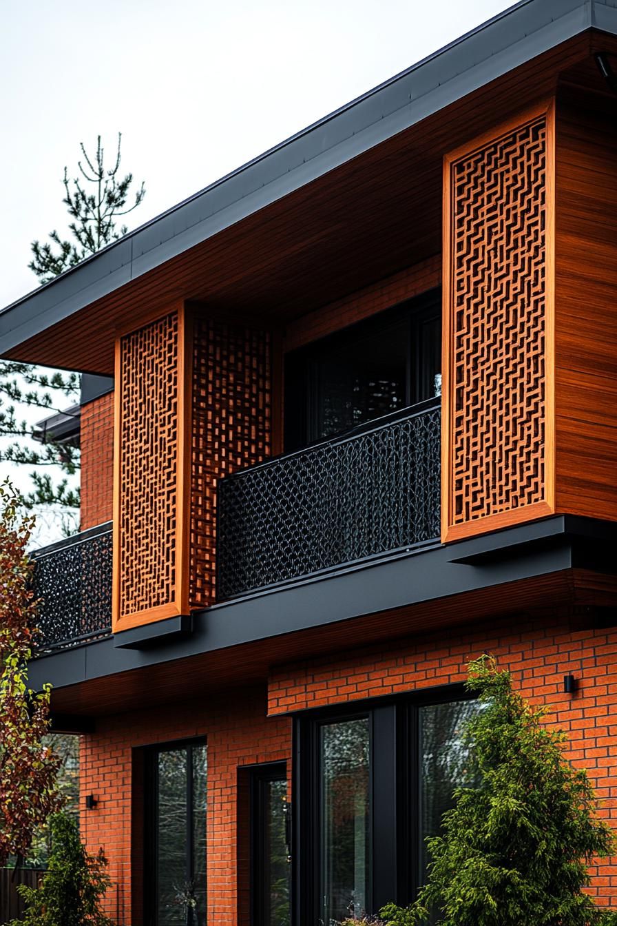 Elegant brick facade with intricate wooden panels