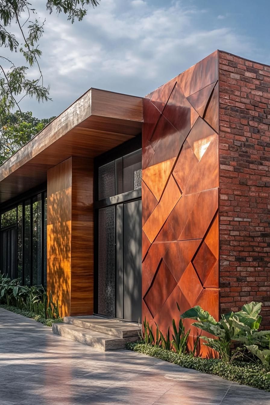 modern house geometric facade with brick and wooden facade with shimmering multi shade red metal tiles accent wall