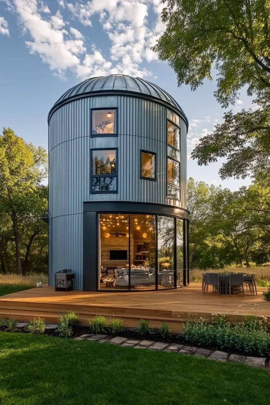 metal grain silo converted into a modern house on a large wooden deck modern windows front paved yard beautiful farmland landscape surrounded with