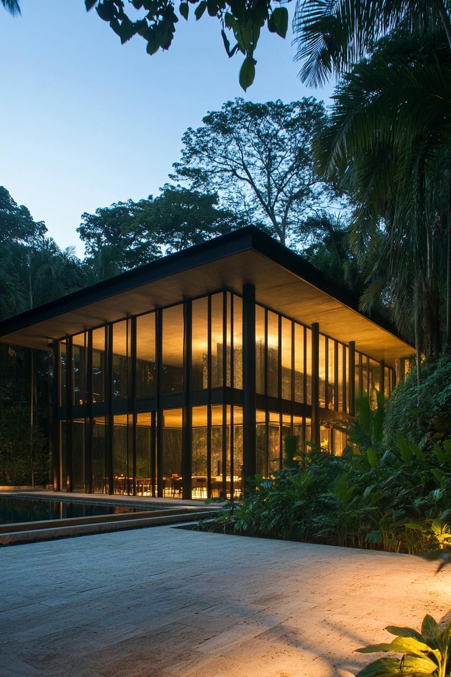 Modern house with expansive glass windows glowing in evening light