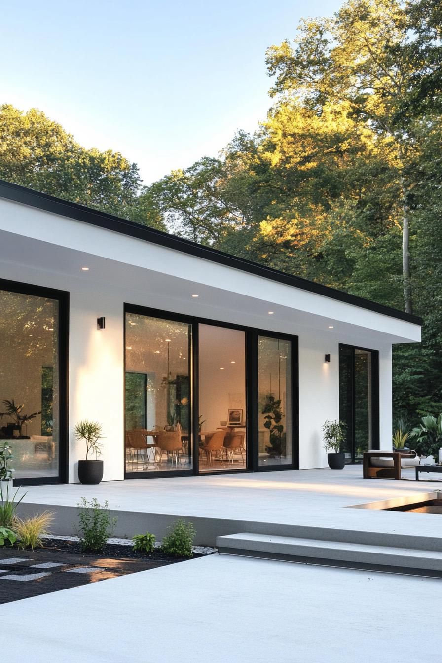 Modern bungalow with large glass windows surrounded by trees