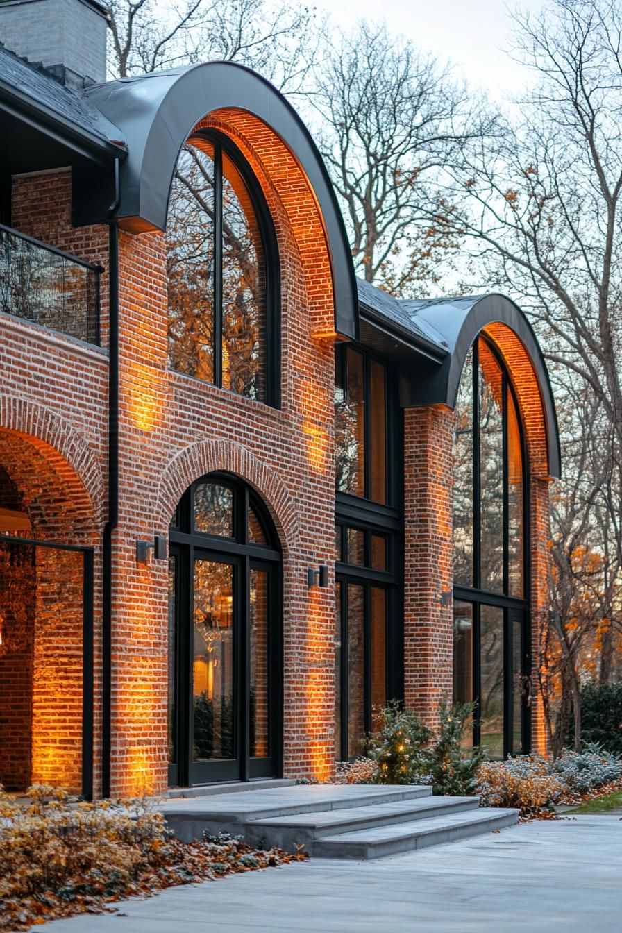 Brick house with glowing arches amid autumn foliage