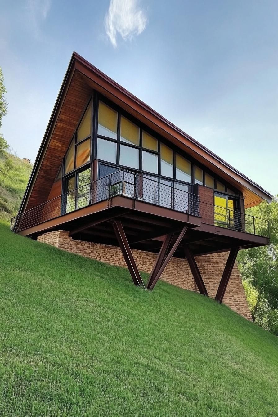 modern geometric cabin house on a steep green hillside slope supported on brick columns it has geometric a frame roof a balcony modern windows v