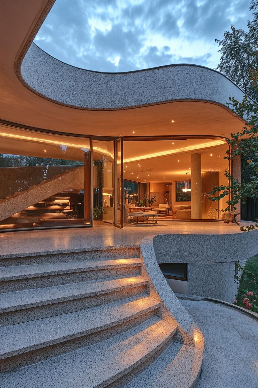 art deco curved grey granite house with indoor outdoor transition stairs leading to the upper floor with full wall glass downstairs living area with 2