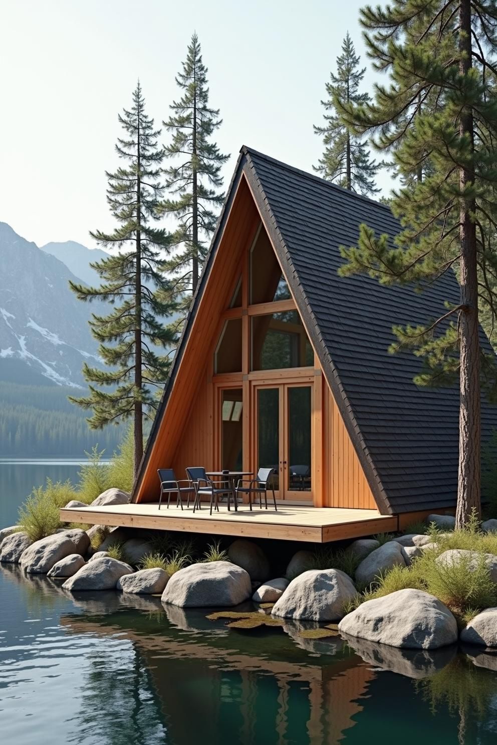 A-frame cabin by a serene lake and tall trees