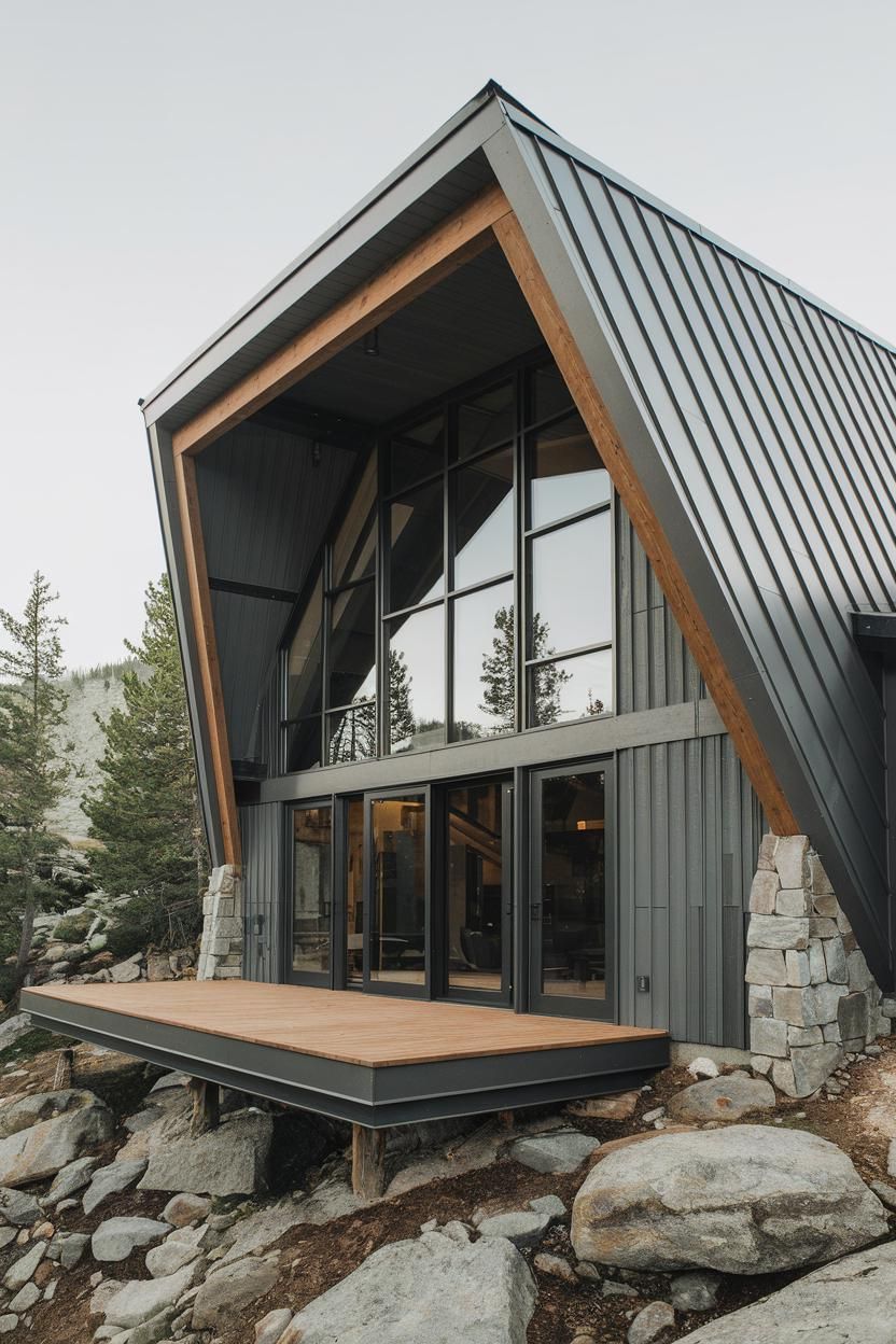 Modern angular cabin with large glass windows and stone accents