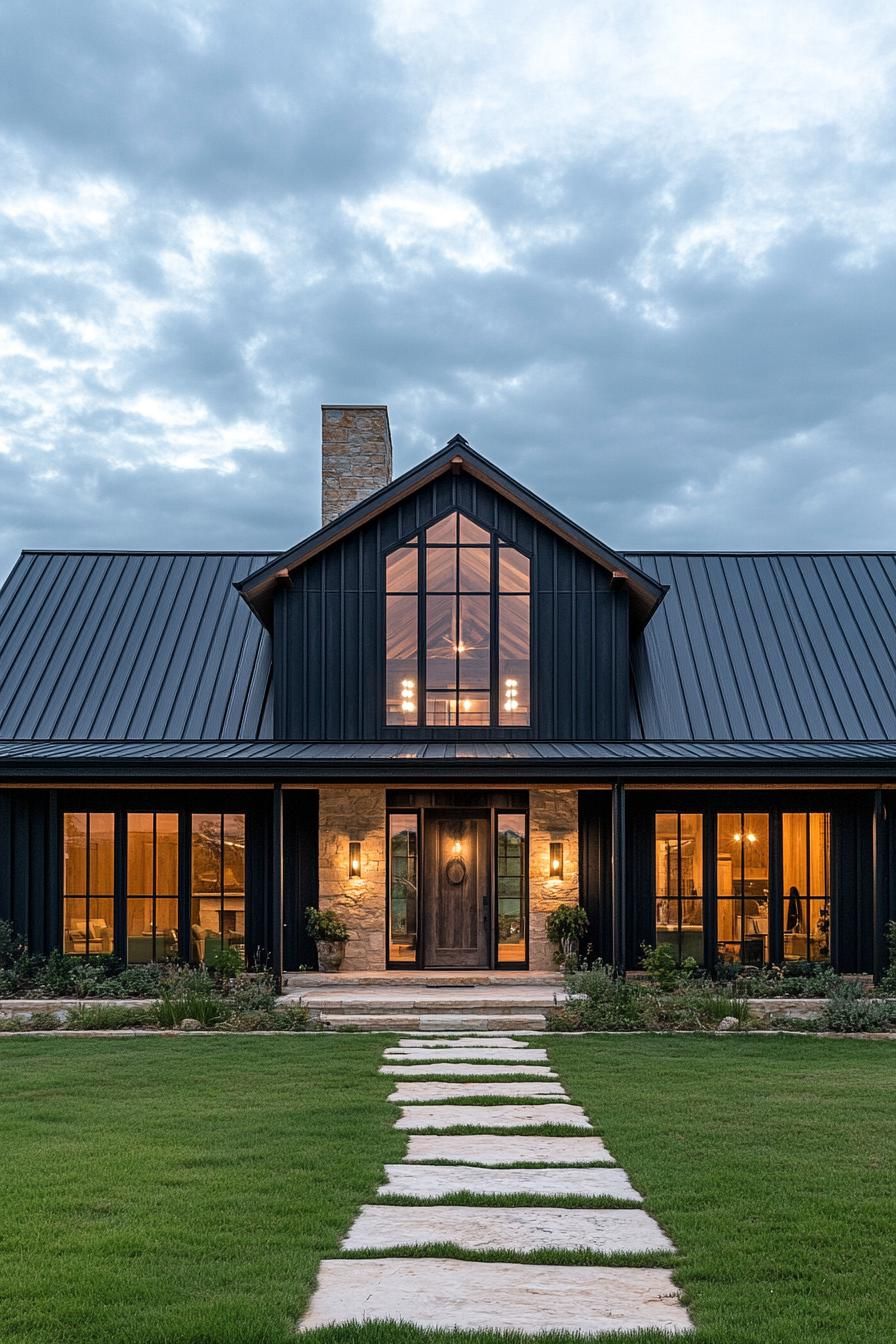 A modern barn-style home with dark siding and large windows