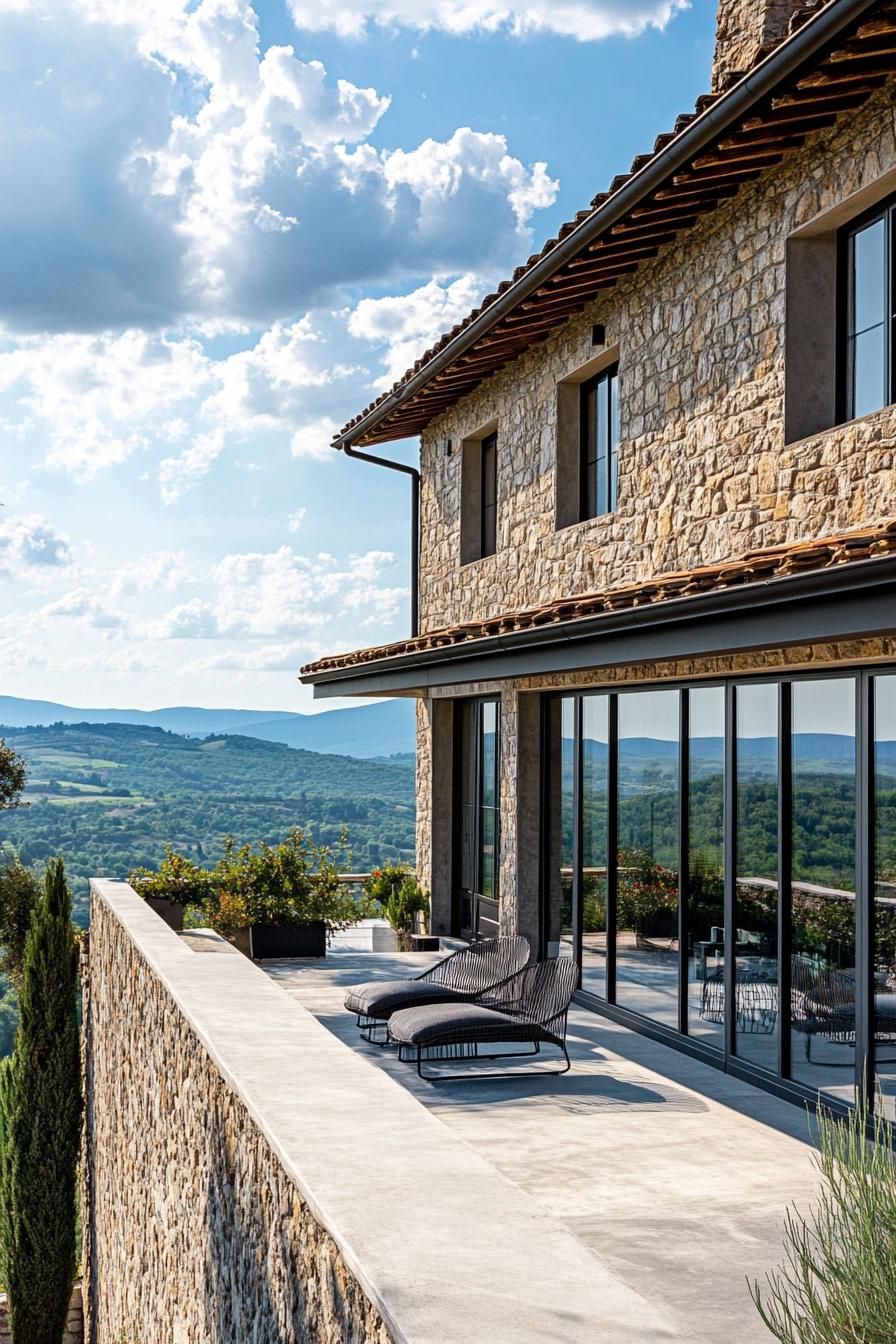 Tuscan stone house with modern windows and siliding doors concrete patio overlooking stunning Tuscany hills 1